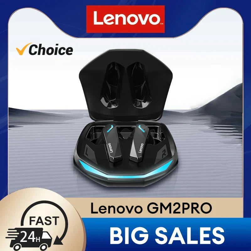 Black lenovo gm2 pro tws wireless earphones with blue led lighting in hexagonal charging case low latency stereo sport earbuds