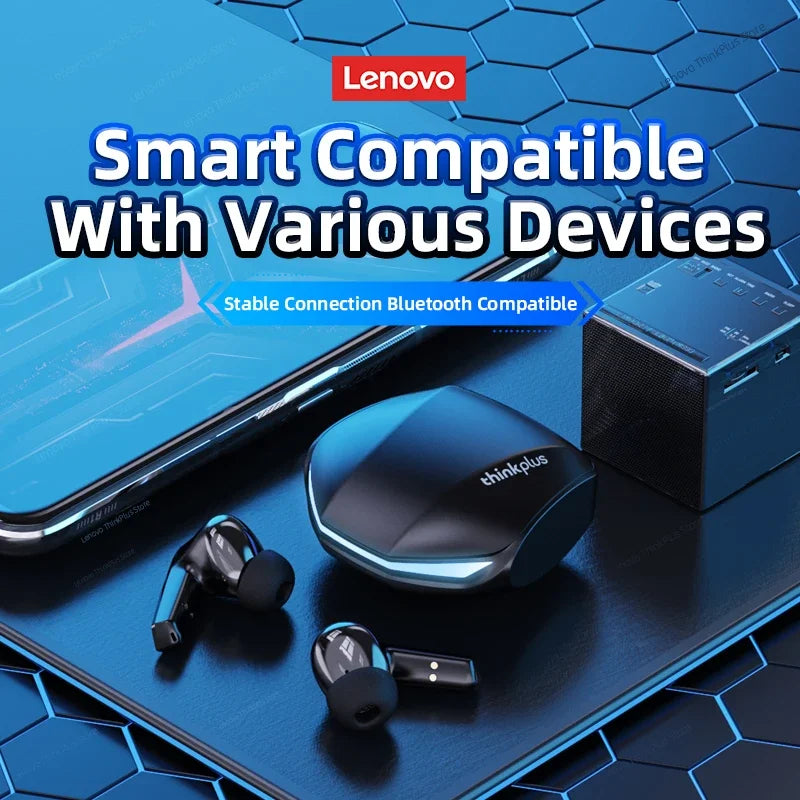Black lenovo thinkplus gm2 pro tws wireless earphones with low latency and blue accent on sleek charging case for sport use