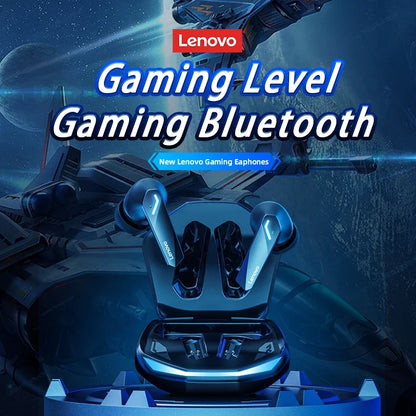 Blue lenovo gm2 pro tws wireless earphones in futuristic charging case with glowing accents and low latency feature