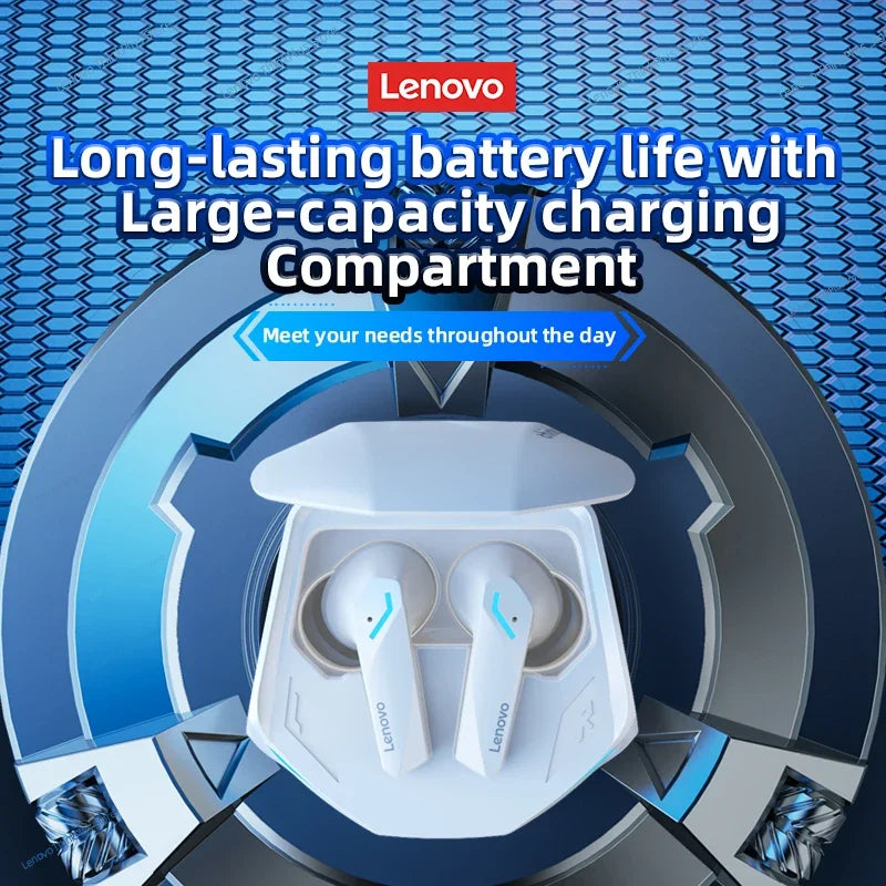 White lenovo gm2 pro tws wireless earphones with blue accent lighting in charging case designed for low latency sport use