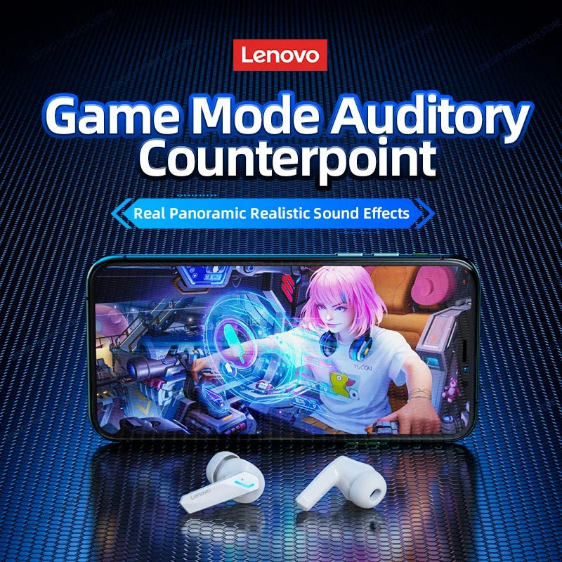 White lenovo gm2 pro tws wireless earphones stereo sport earbuds with low latency and sleek minimalist design