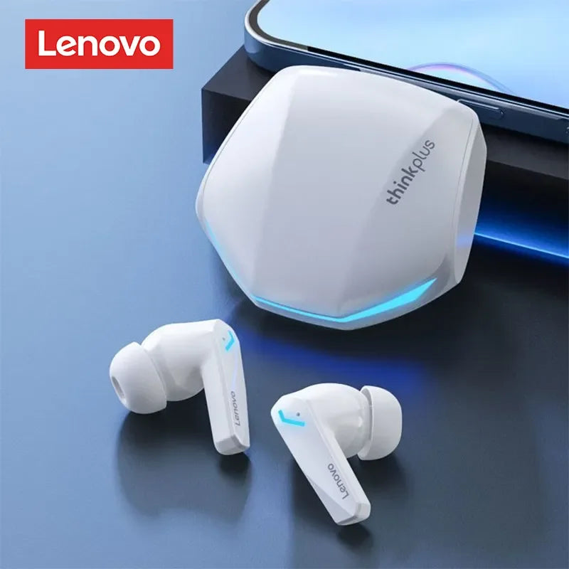 White lenovo thinkplus gm2 pro tws wireless earphones with sleek design and blue led accents for low latency sport use