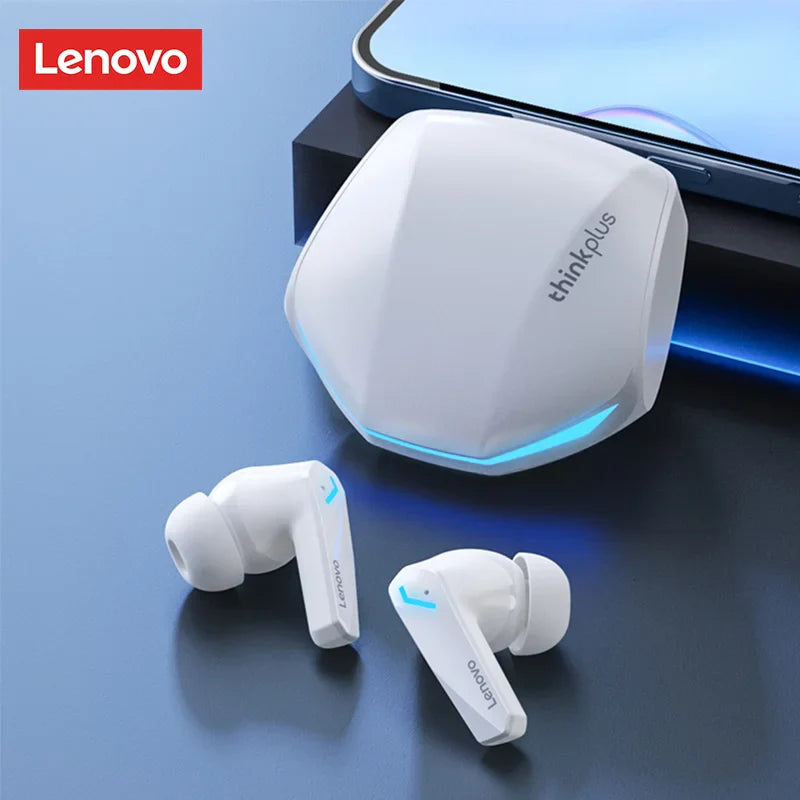 White lenovo thinkplus gm2 pro tws wireless earphones stereo sport earbuds with low latency and blue accent charging case