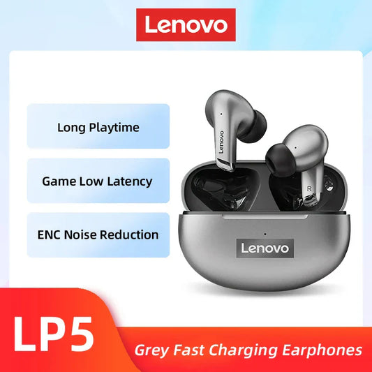 Original lenovo lp5 grey bluetooth earbuds hifi wireless headphones sports waterproof with sleek metallic finish and black silicone tips