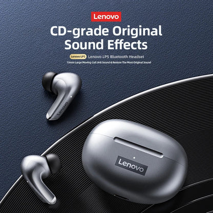 Silver original lenovo lp5 bluetooth earbuds hifi with sleek metallic finish and matching charging case headphones sports waterproof