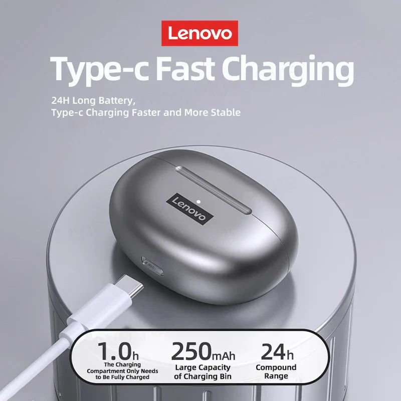 Silver original lenovo lp5 wireless bluetooth earbuds hifi charging case with sleek metallic finish and minimalist design