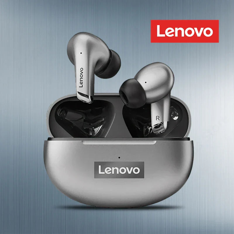 Silver original lenovo lp5 bluetooth earbuds hifi music headphones sports waterproof with metallic charging case