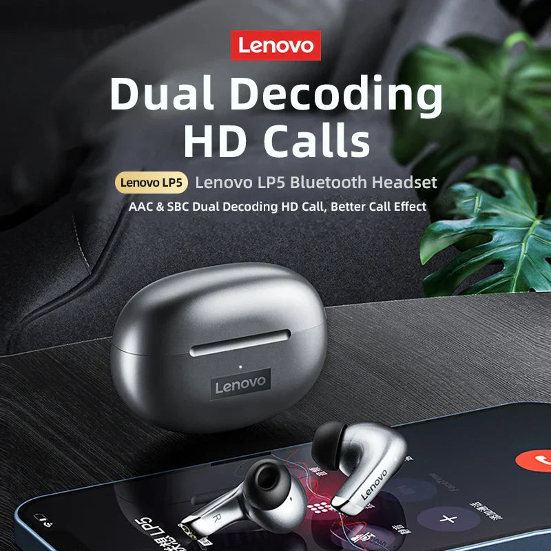 Original lenovo lp5 bluetooth earbuds hifi music earphone in sleek silver with matching charging case and headphones sports waterproof design