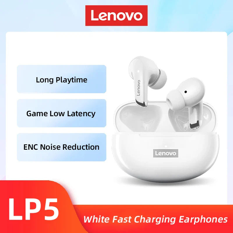 White original lenovo lp5 wireless bluetooth earbuds hifi music headphones sports waterproof in matching charging case