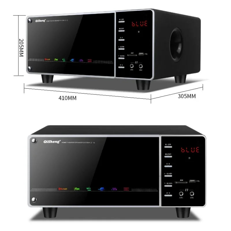 Black qisheng home theater receiver with silver trim digital display showing blue multiple ports for living room ktv surround sound subwoofer