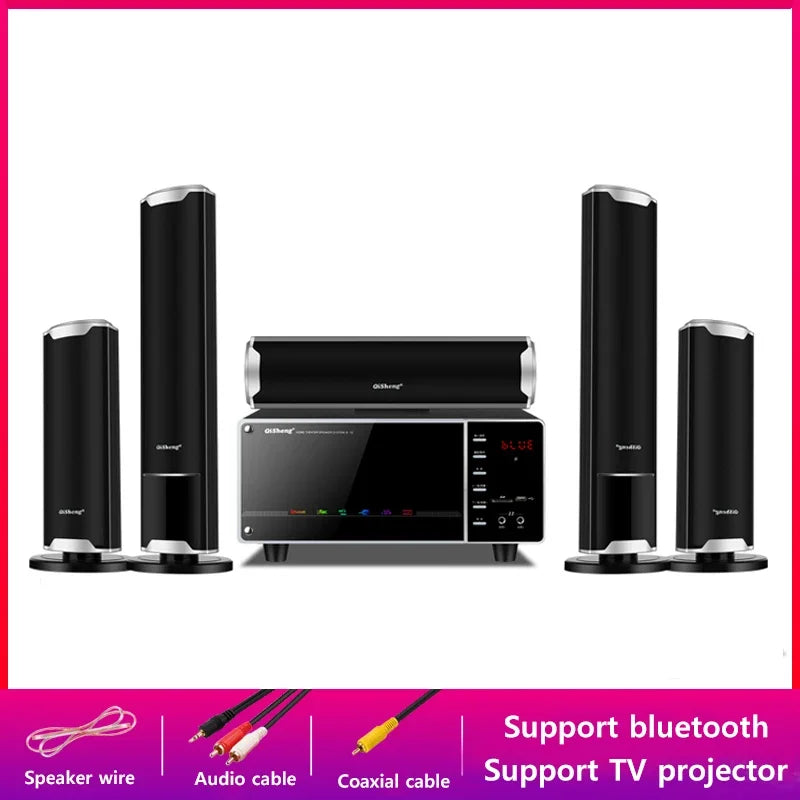 Black and silver qikbang 5.1 channel ktv bluetooth speaker with surround sound subwoofer for living room ktv use