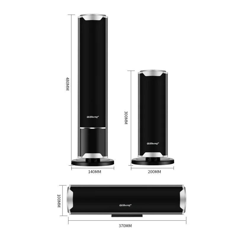 Black qisheng brand electric heaters with silver metallic accents used as living room ktv bluetooth speaker surround sound subwoofer