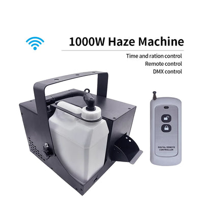 Black 1000w smoke machine with white liquid reservoir and integrated handle with digital remote for control dmx use