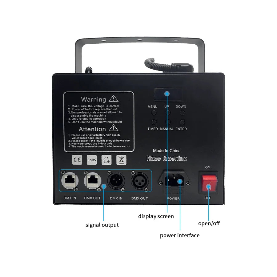 Black rectangular 1000w smoke machine with handle multiple dmx ports on off switch for dmx control events and shows