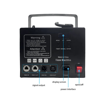 Black rectangular 1000w smoke machine with handle multiple dmx ports on off switch for dmx control events and shows