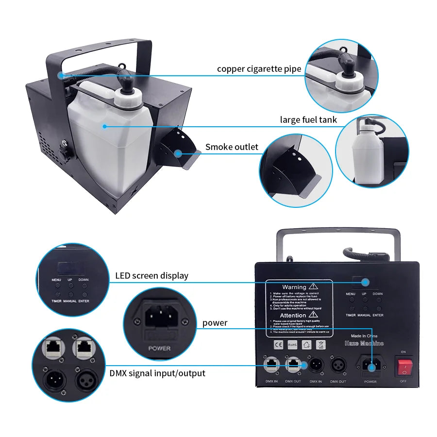 Black and white 1000w smoke machine with copper pipe, large tank, led display, control buttons, and dmx signal ports back side