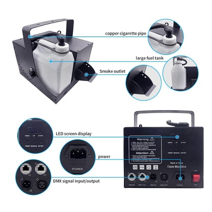 Black and white 1000w smoke machine with copper pipe, large tank, led display, control buttons, and dmx signal ports back side
