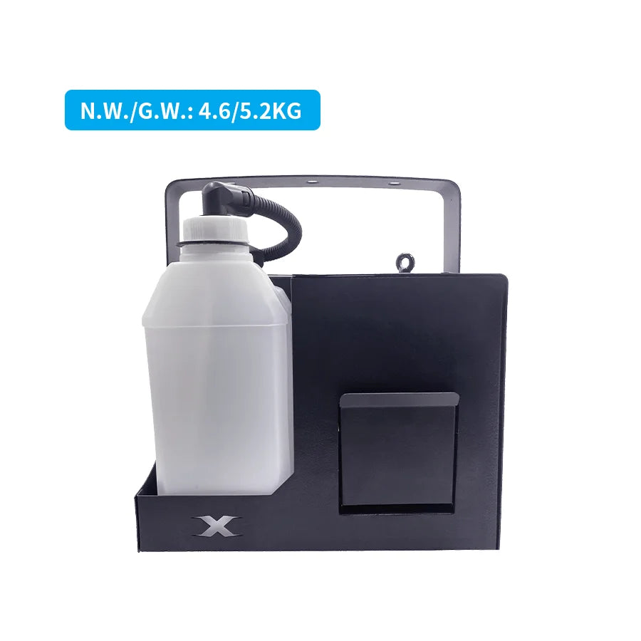 Black x-branded 1000w smoke machine with white translucent liquid container and black hose featuring wireless control dmx