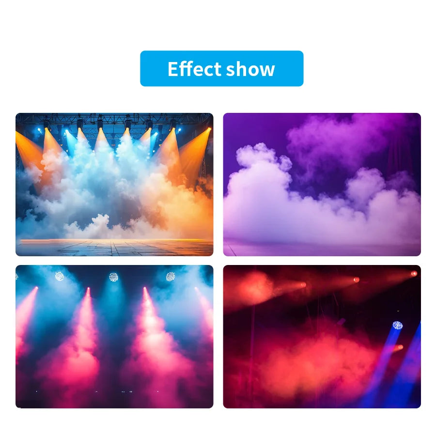 Vibrant stage lighting effects with colorful beams and swirling smoke created by 1000w smoke machine waterbase hazer with dmx control