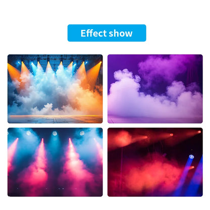 Vibrant stage lighting effects with colorful beams and swirling smoke created by 1000w smoke machine waterbase hazer with dmx control