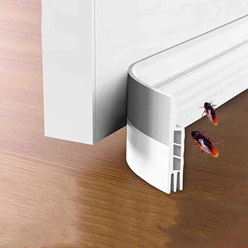 White plastic door draft stopper with gray metallic strip and vertical ridges for high quality 100cm silicone door seal