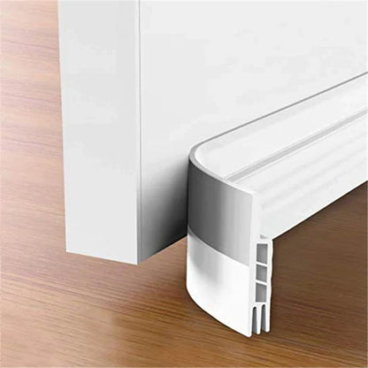 White plastic high quality 100cm silicone door draft stopper with curved design and silver metallic edge strip