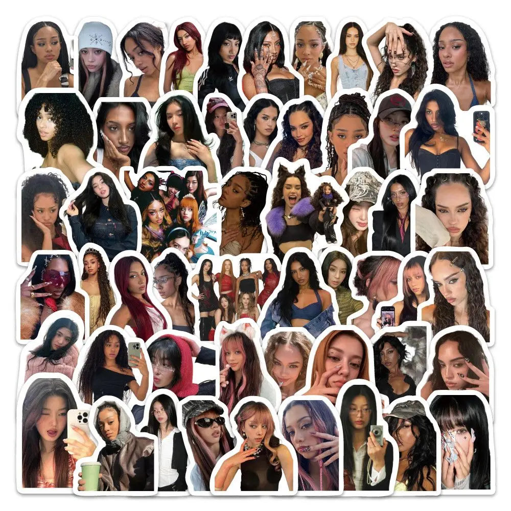 A collection of 100pcs set kpop katseye stickers featuring pvc adhesive portraits of women for megan fans gift