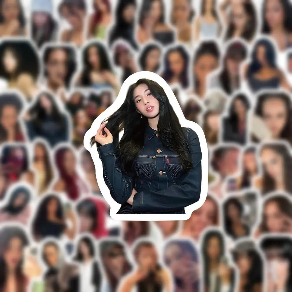 Dark denim jacket sticker with woman long black hair gold buttons pvc waterproof 100pcs set kpop katseye stickers megan fans gift