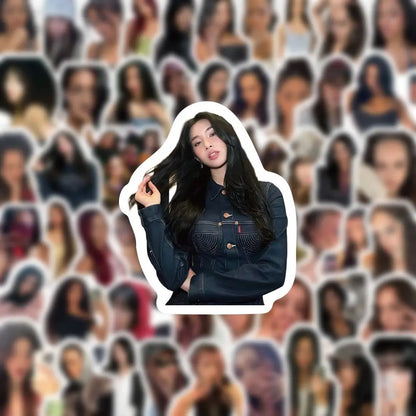 Dark denim jacket sticker with woman long black hair gold buttons pvc waterproof 100pcs set kpop katseye stickers megan fans gift