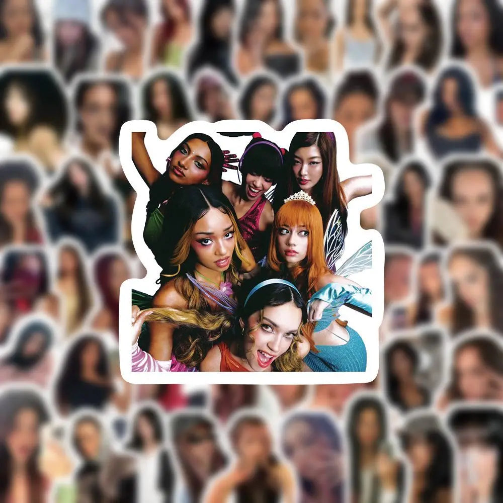 A white-bordered pvc waterproof self-adhesive kpop katseye sticker featuring six colorful women for megan fans gift