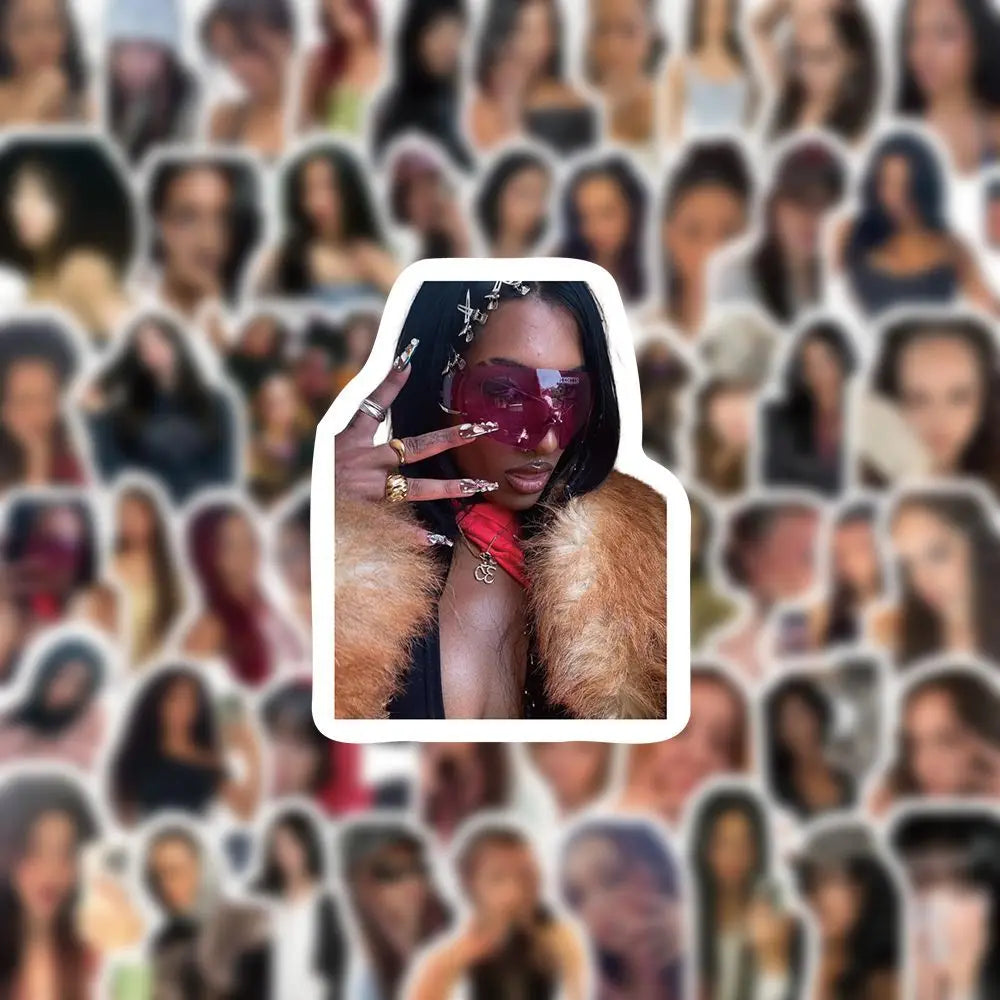 A woman wearing bold pink sunglasses and a fur-trimmed coat showcasing 100pcs set kpop katseye stickers for megan fans gift