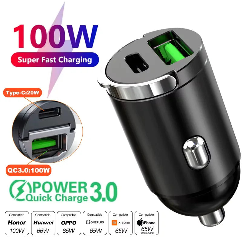 Black mini car charger with two usb ports type c charger and usb-a for samsung huawei iphone 100w fast charging