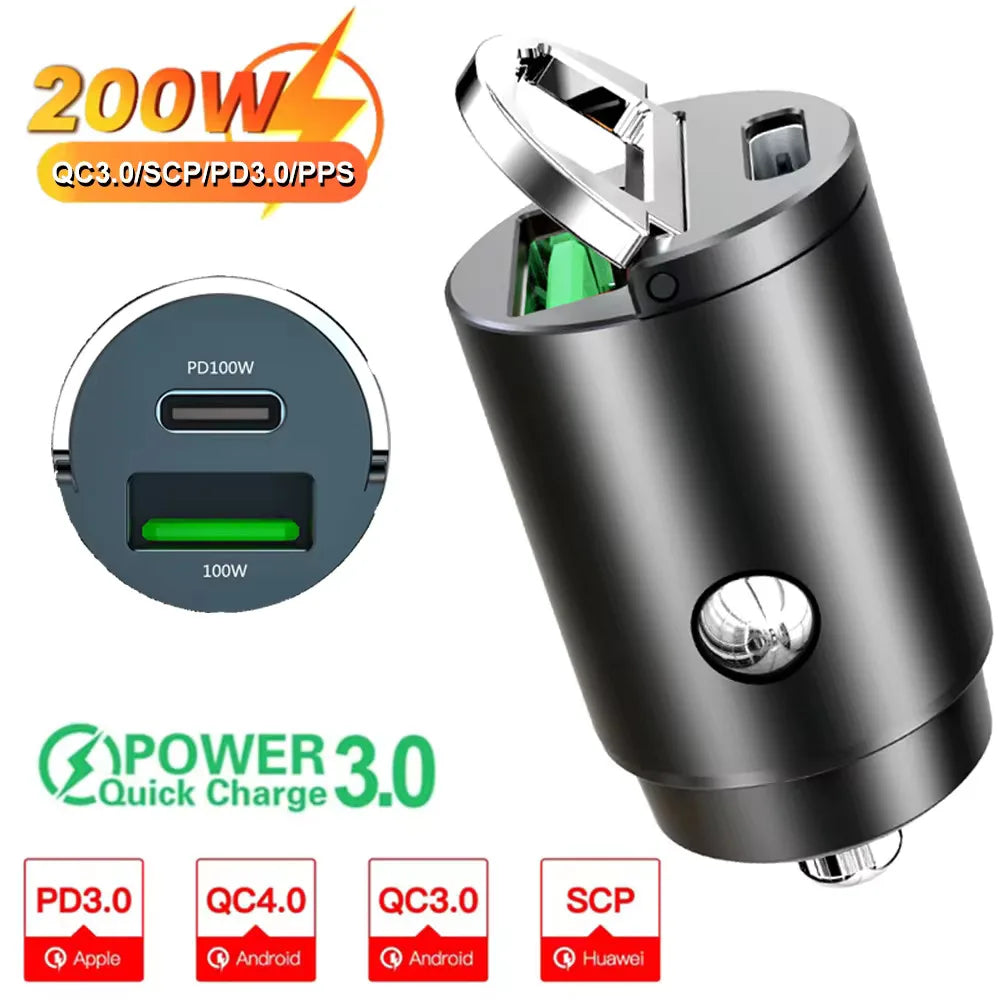 Black cylindrical mini car charger with silver lid and multiple usb ports 200w fast charging for samsung huawei iphone