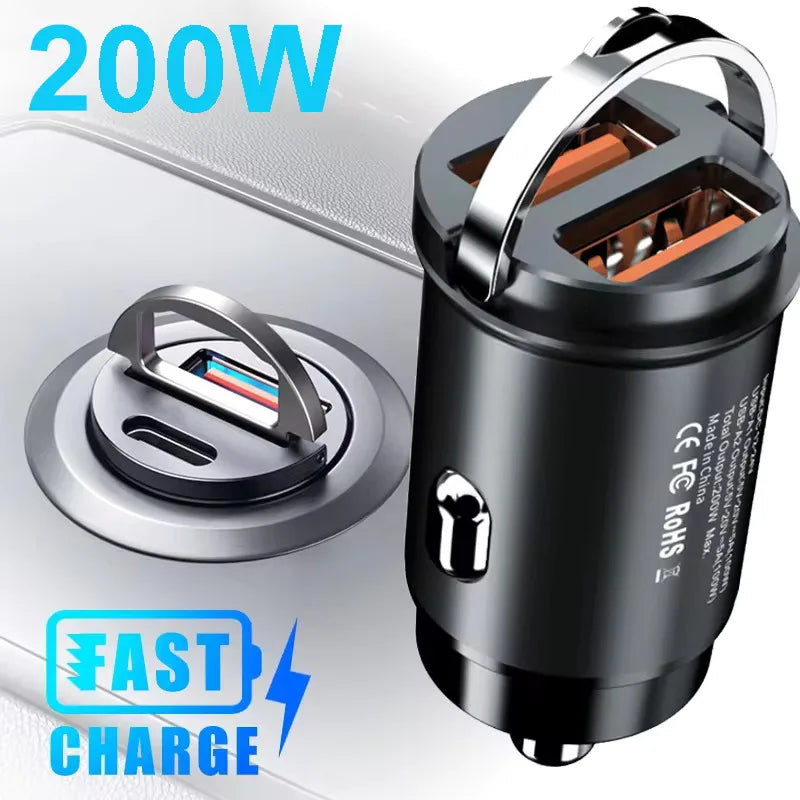 Black cylindrical mini car charger with 200w fast charge and type c ports for samsung huawei iphone use