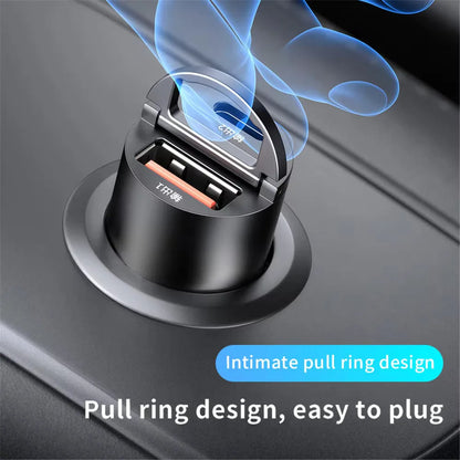 Black mini car charger with pull ring design and two usb ports type c charger for samsung huawei iphone fast charging
