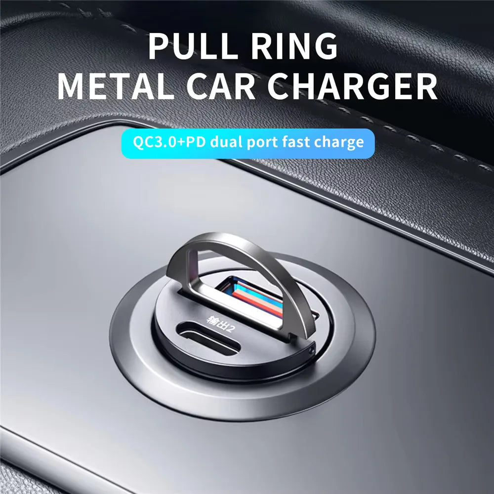 Silver metallic mini car charger with dual usb ports type c charger for fast charging samsung huawei iphone devices