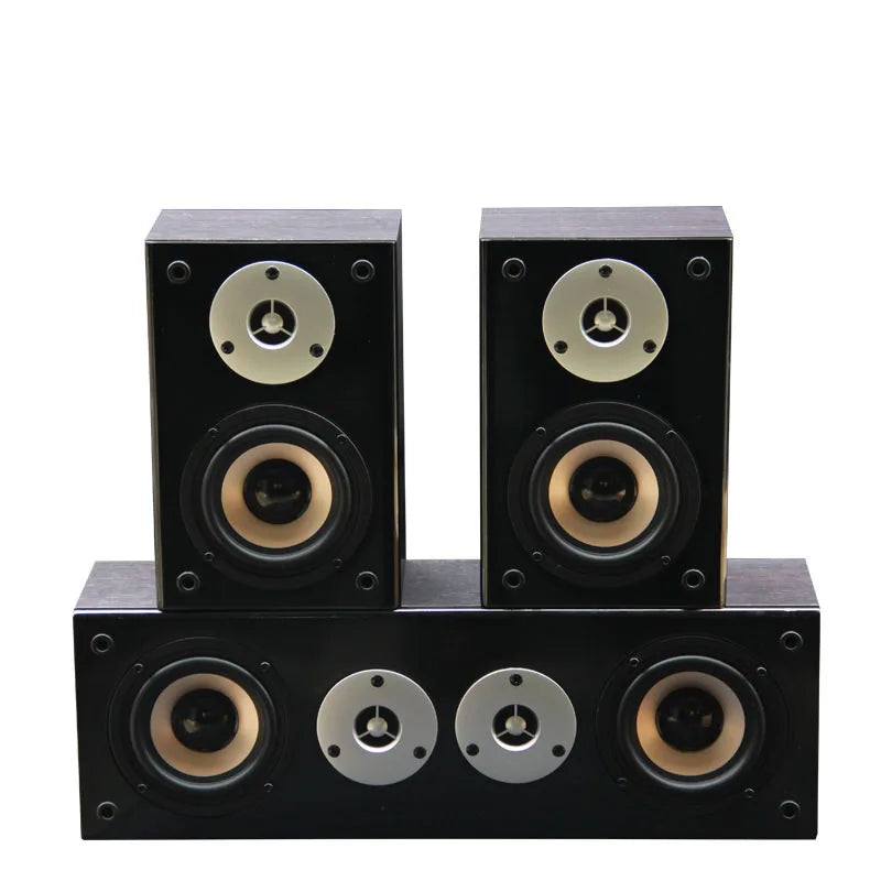 Black 100w 4 inch high power wall mount center surround speaker set with tan woofers and silver tweeters for home theater