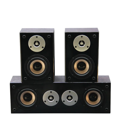 Black 100w 4 inch high power wall mount center surround speaker set with tan woofers and silver tweeters for home theater