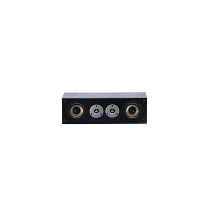 Black rectangular center surround speaker with two tan woofers and silver mid-range drivers for inch high power wall mount use