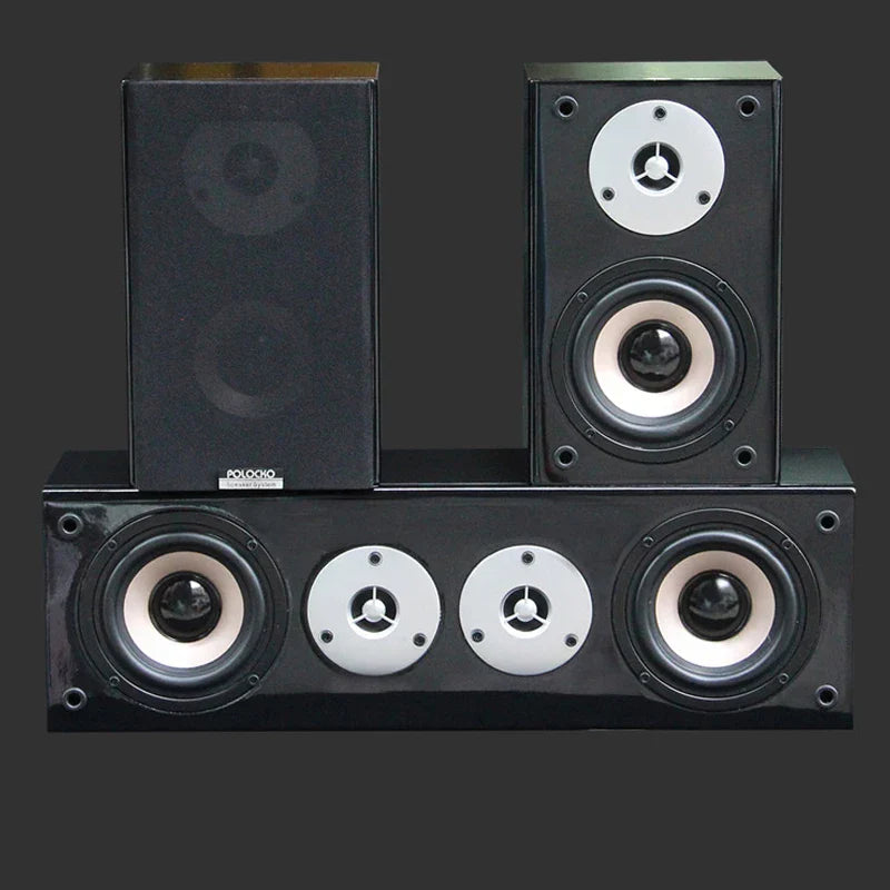 Black polk audio 100w 4 inch high power center surround speaker with glossy finish and contrasting tweeters and woofers