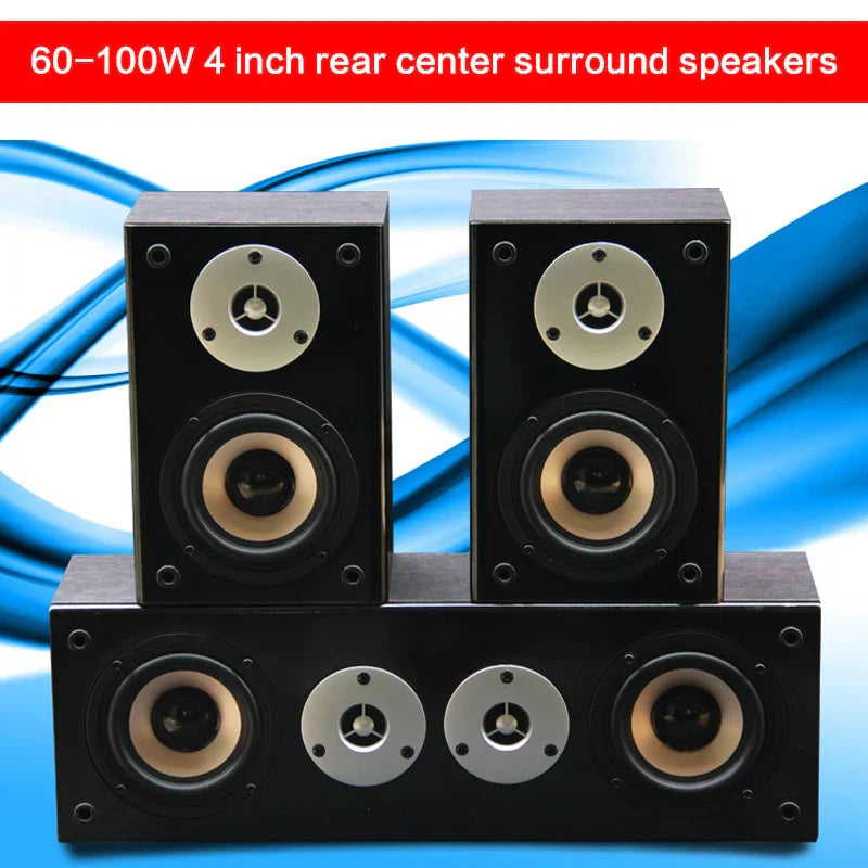 Black rectangular 4 inch high power center surround speaker with silver tweeters and tan woofers for power wall mount use