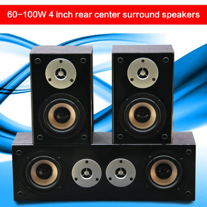 Black rectangular 4 inch high power center surround speaker with silver tweeters and tan woofers for power wall mount use