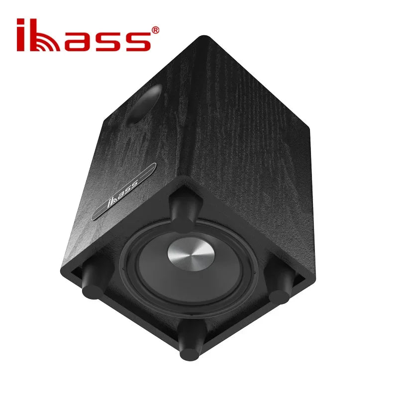 Black wood-finish cube-shaped 100w passive subwoofer home theater speaker with silver cone and car speaker amplifier feet