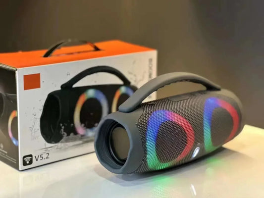 Gray 100w high power portable bluetooth speaker with textured mesh body, rgb lighting rings, waterproof wireless subwoofer, stereo surround tws