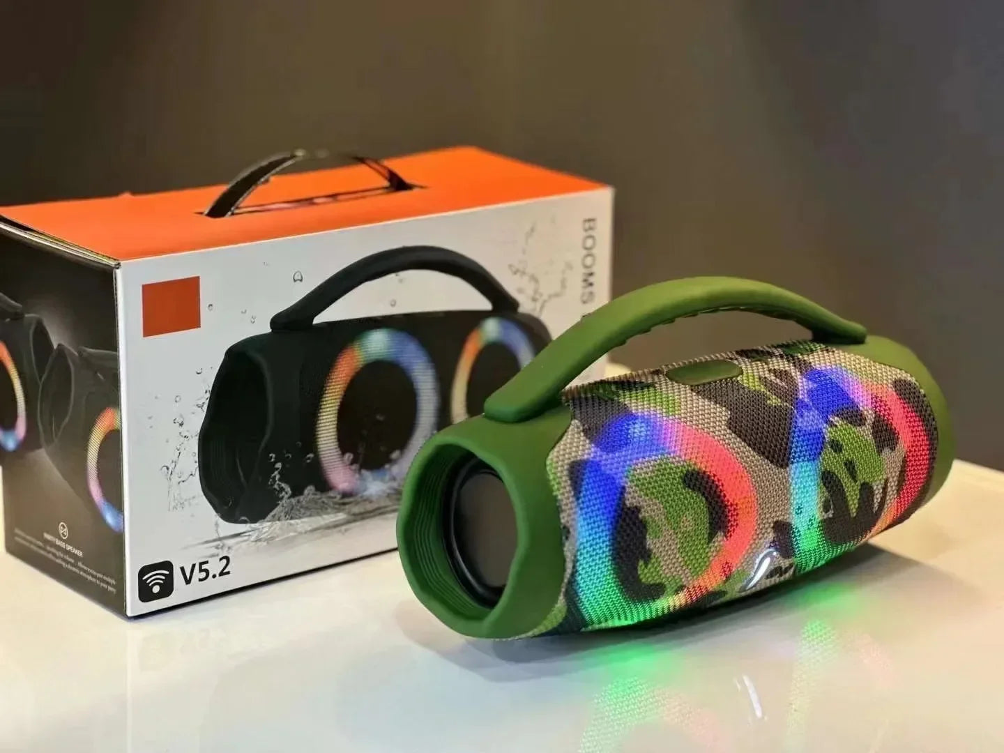 Green camouflage portable 100w high power bluetooth speaker with glowing led lights waterproof wireless subwoofer stereo surround tws