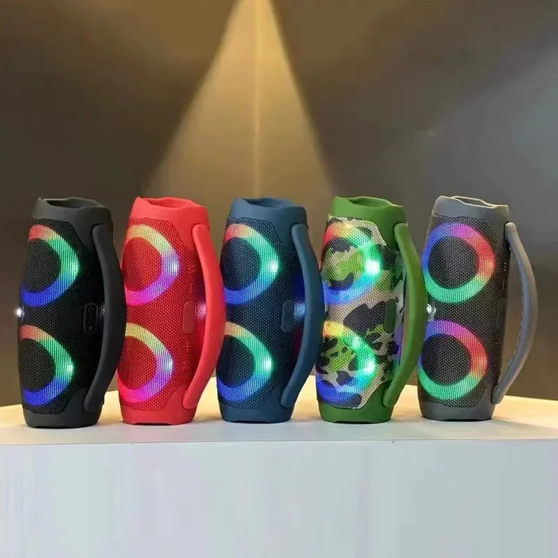 Five colorful cylindrical portable 100w high power waterproof wireless subwoofer speakers with rgb led rings and handles