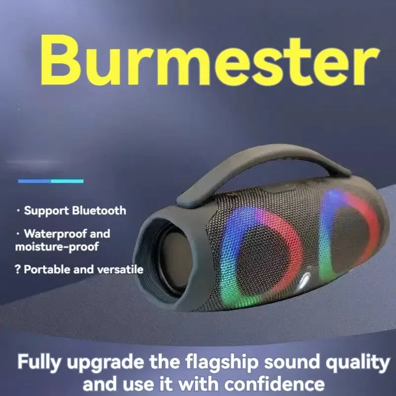 Gray burmester 100w high power portable bluetooth speaker with mesh grille and colorful rgb waterproof wireless subwoofer lighting