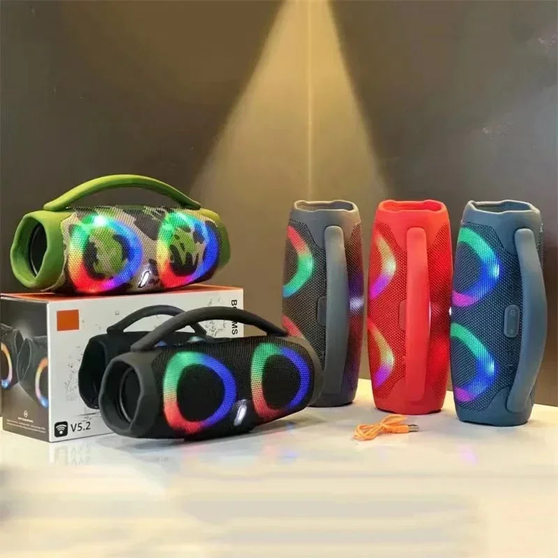 Colorful rugged 100w high power waterproof wireless subwoofer with vibrant led lighting and handle for easy stereo surround tws portability