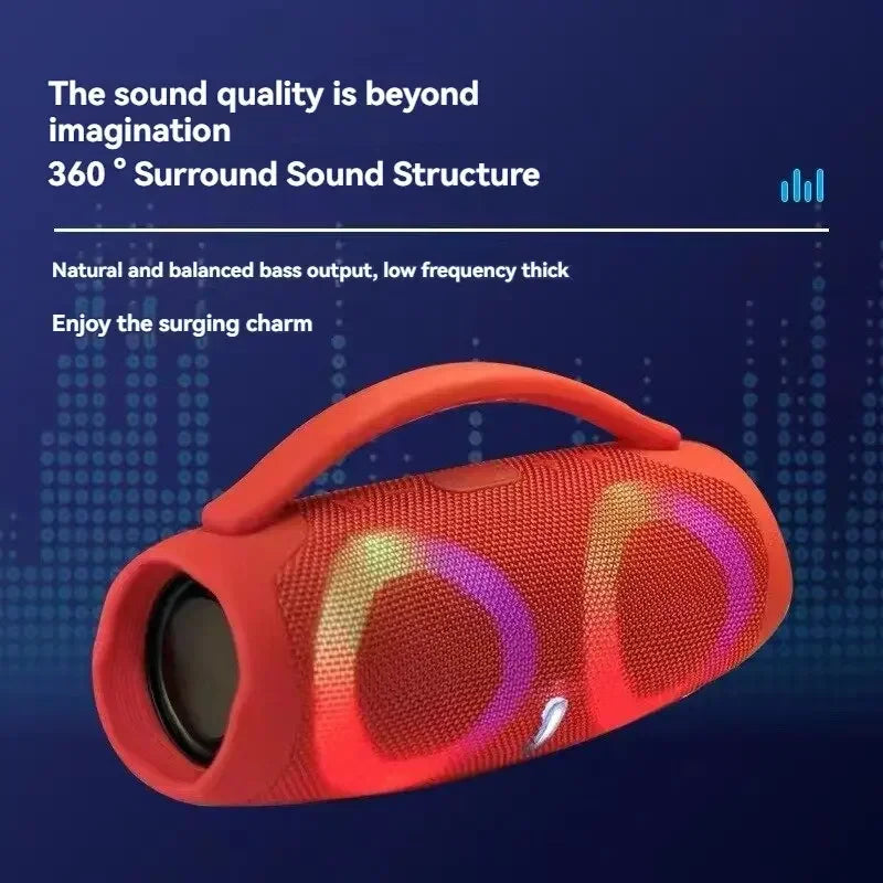 Vibrant red 100w high power waterproof wireless subwoofer with textured mesh and rgb stereo surround tws lighting accents