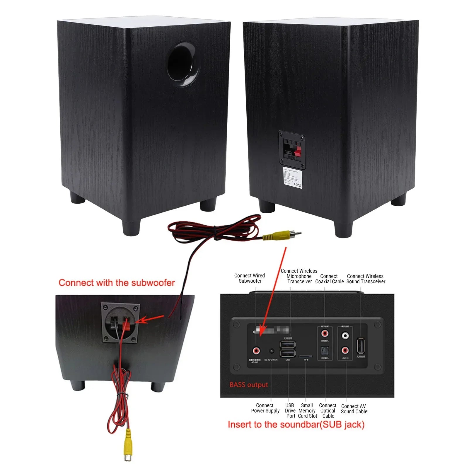 Black wood-grain finished independent passive subwoofer speaker showing circular port and connectivity ports for home theater party use
